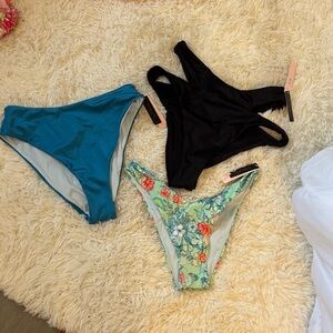 Set of Three Bikini Bottoms - Black, Teal, Floral